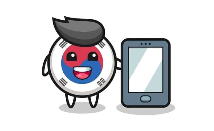 Mascot with Korean flag and a phone