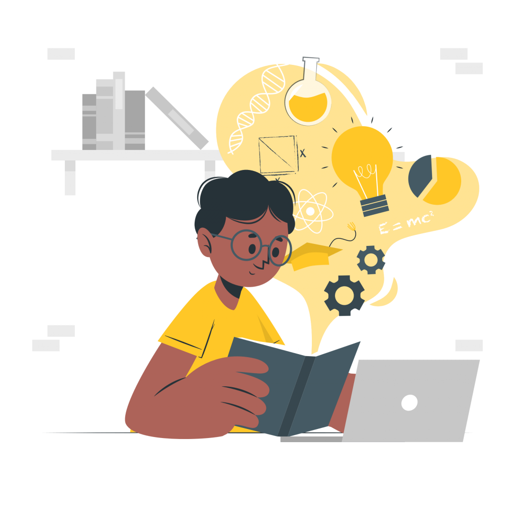 an illustration of a boy reading a book  in front of a laptop
