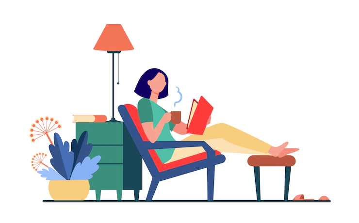 Illustration of a girl drinking tea and reading a book