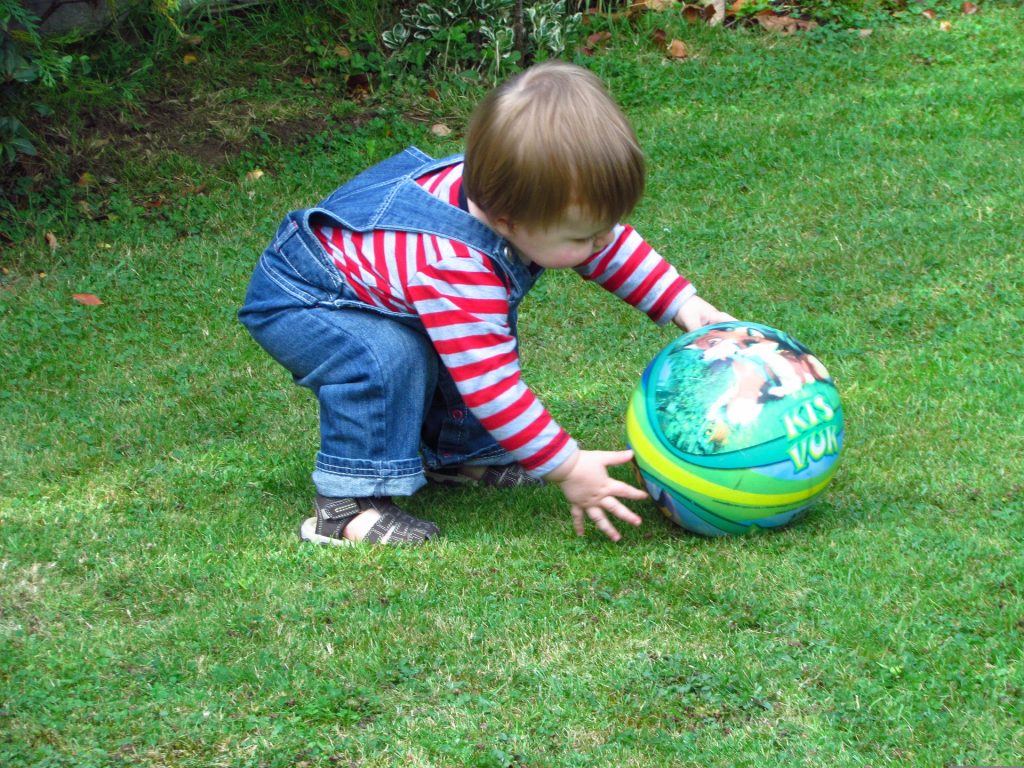 幼兒，草地上，蹲下撿球，玩球